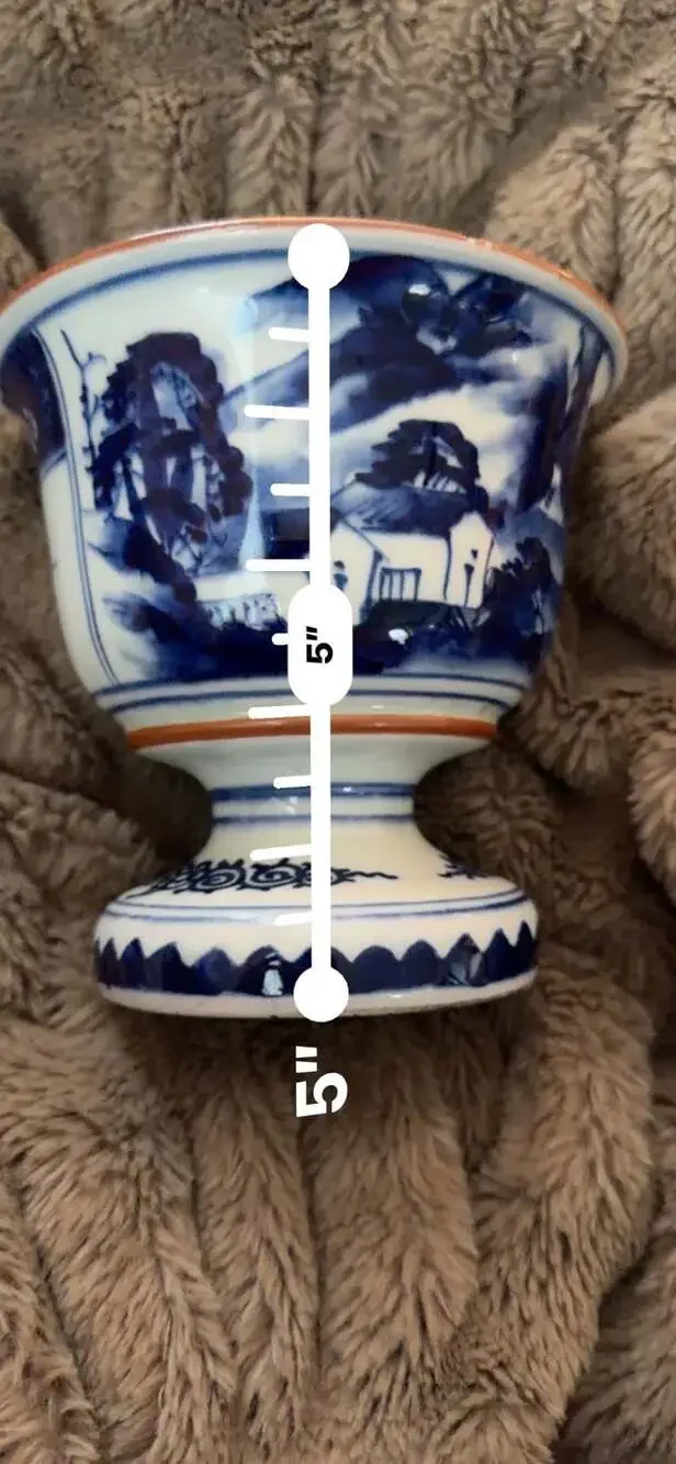 Vintage Blue and White Porcelain Footed Cachepot Planter Pagoda Landscape 5